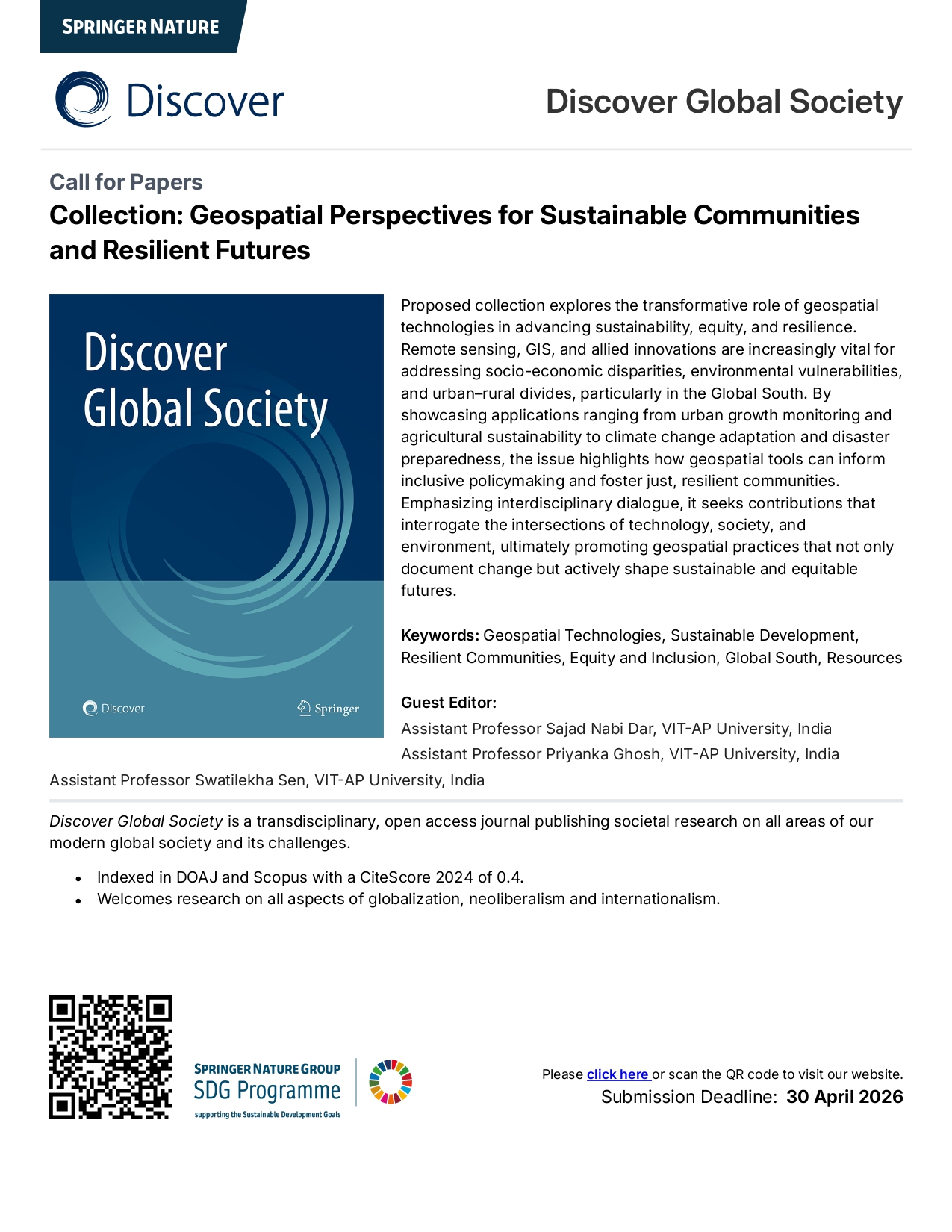 Call for Papers: Geospatial Technologies for Sustainable Communities | Discover Global Society (Springer)