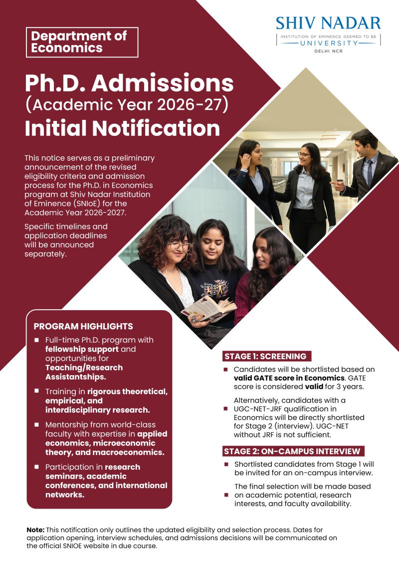 Ph.D. in Economics Admissions 2026–27 | Shiv Nadar Institution of Eminence (Delhi NCR)