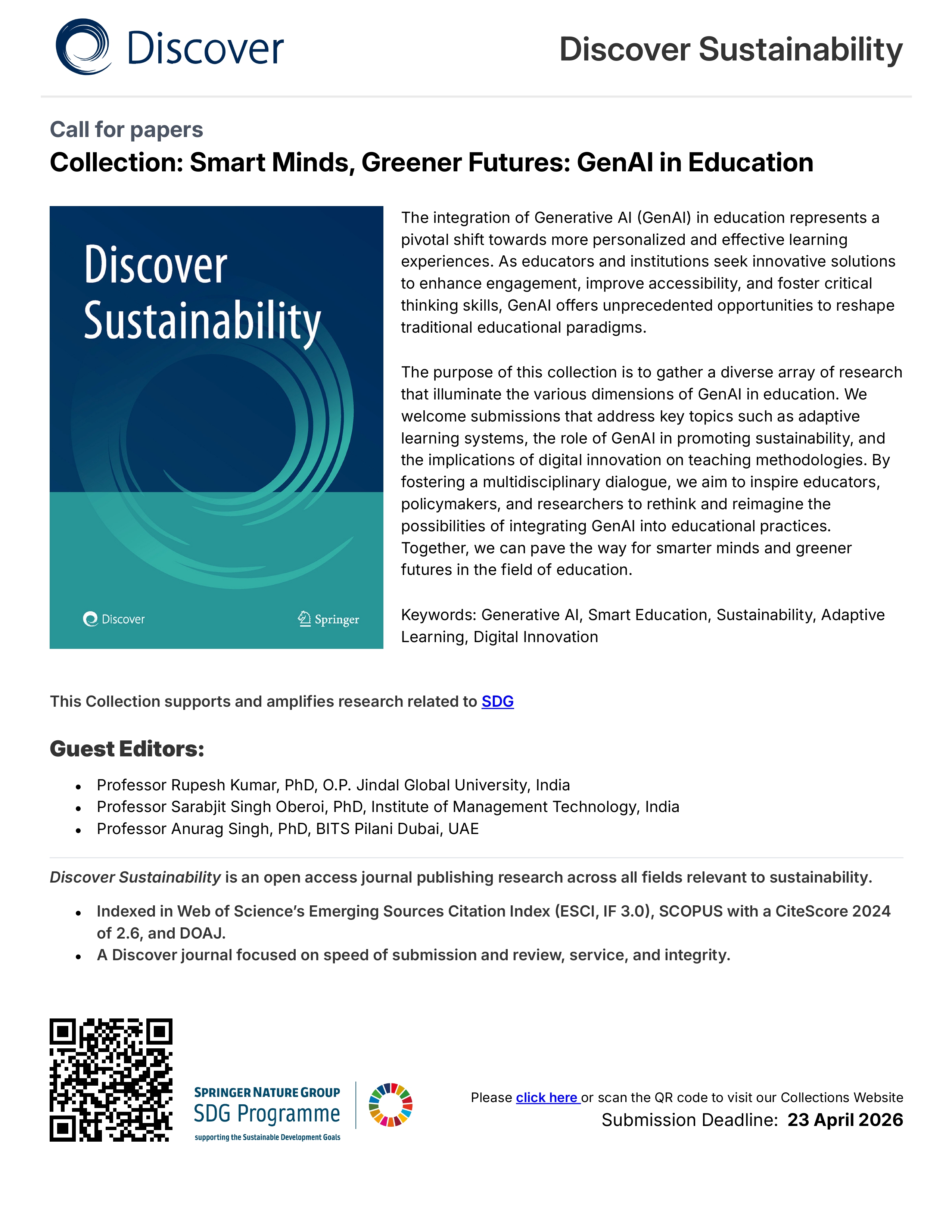 Call for Papers - Special Issue | Discover Sustainability Journal (Springer Nature) | Smart Minds, Greener Futures: GenAI in Education