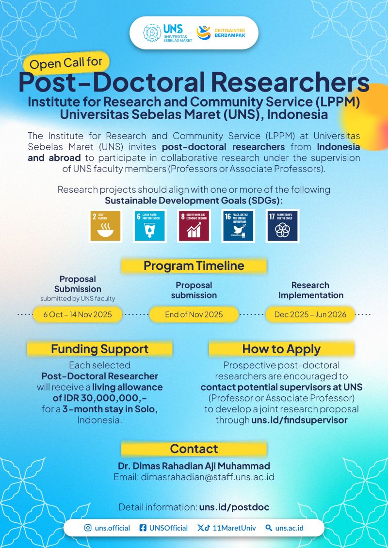 Open Call for Post-Doctoral Researchers at Universitas Sebelas Maret (UNS) – 2025