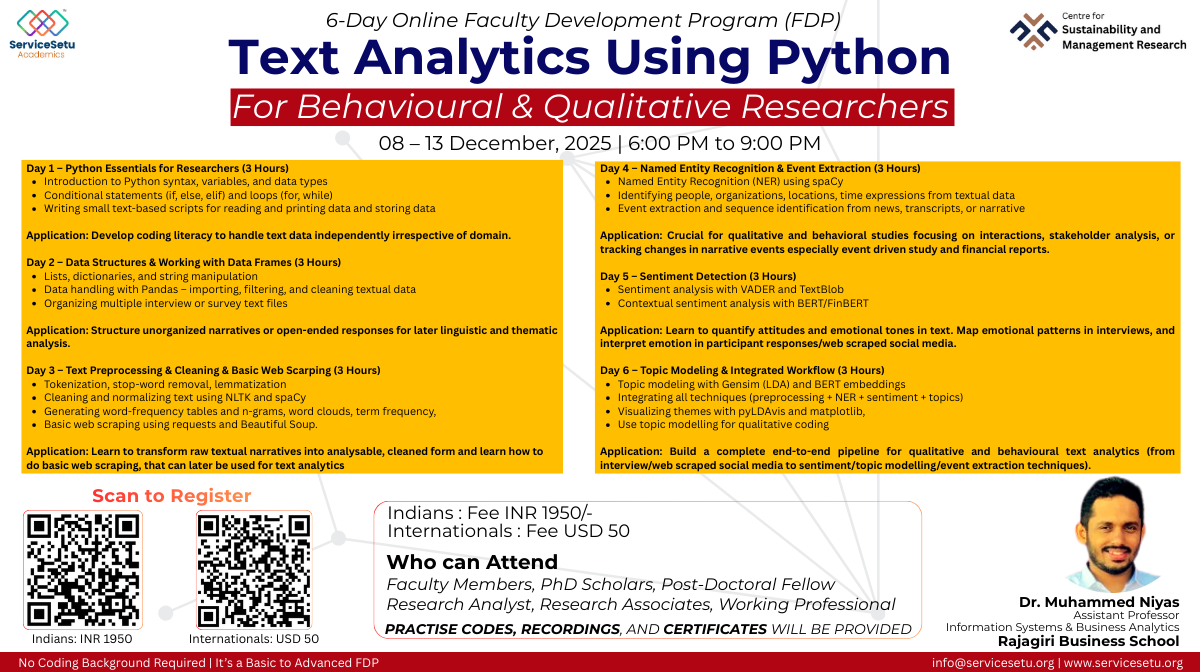 Text Analytics Using Python for Behavioural & Qualitative Researchers | 6-Day Online FDP  | Dr. Muhammed Niyas, Rajagiri Business School