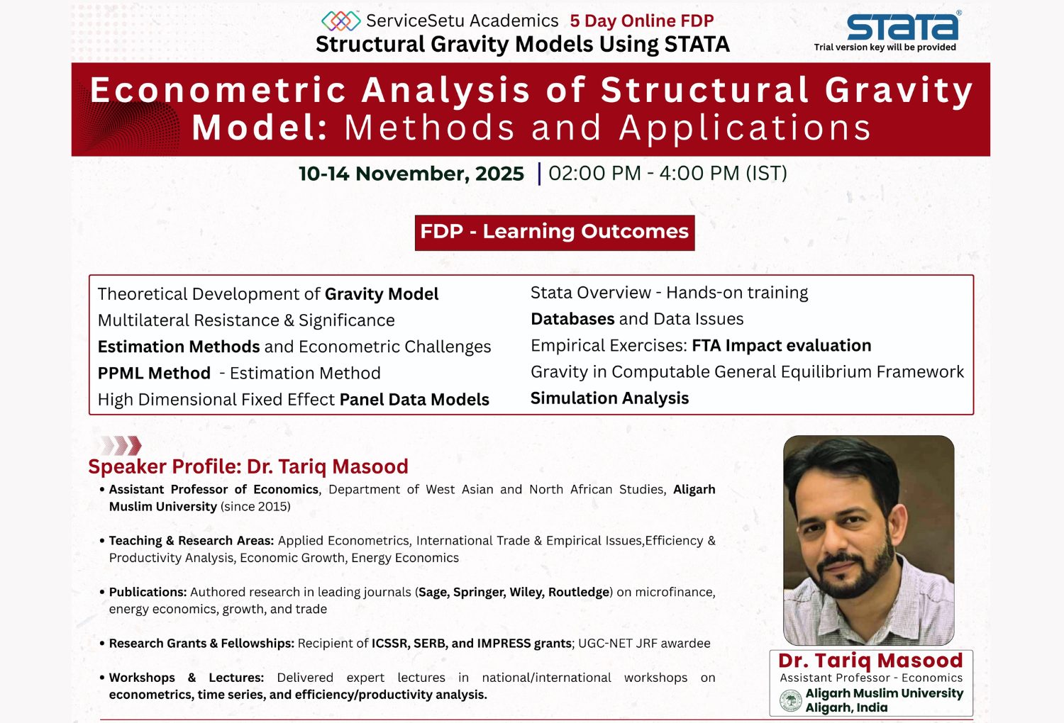 5-Day Online FDP on Econometric Analysis of Structural Gravity Model: Methods and Applications | Dr. Tariq Masood, Aligarh Muslim University