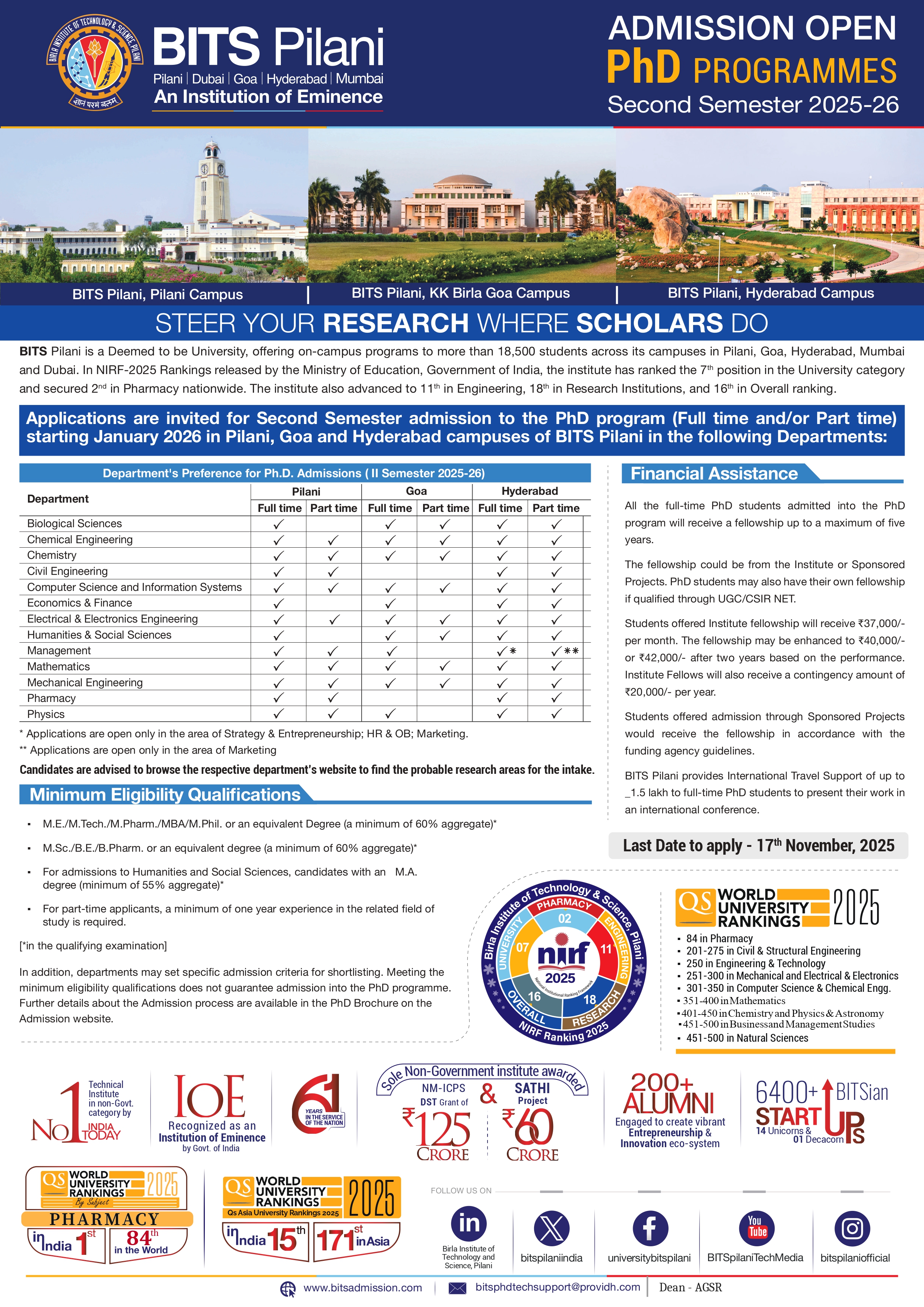 PhD Admissions Open – Second Semester 2025-26 | Birla Institute of Technology & Science (BITS Pilani)