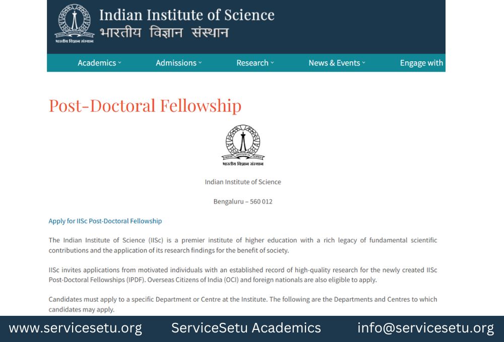 Post-Doctoral Fellowship  2025 | IISc Bangalore 