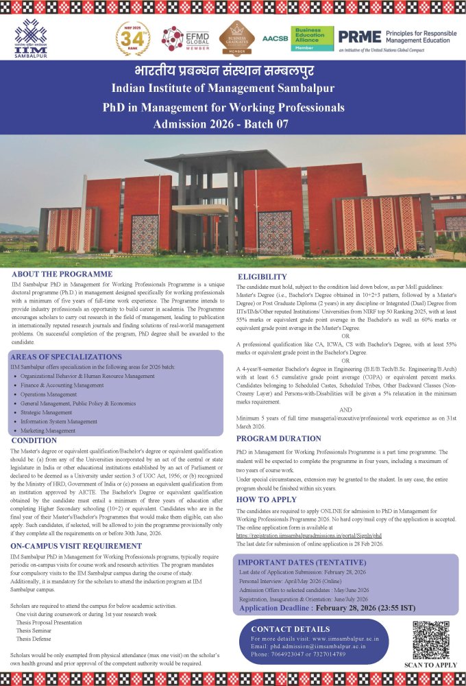 PhD in Management for Working Professionals – Admission 2026 | IIM Sambalpur