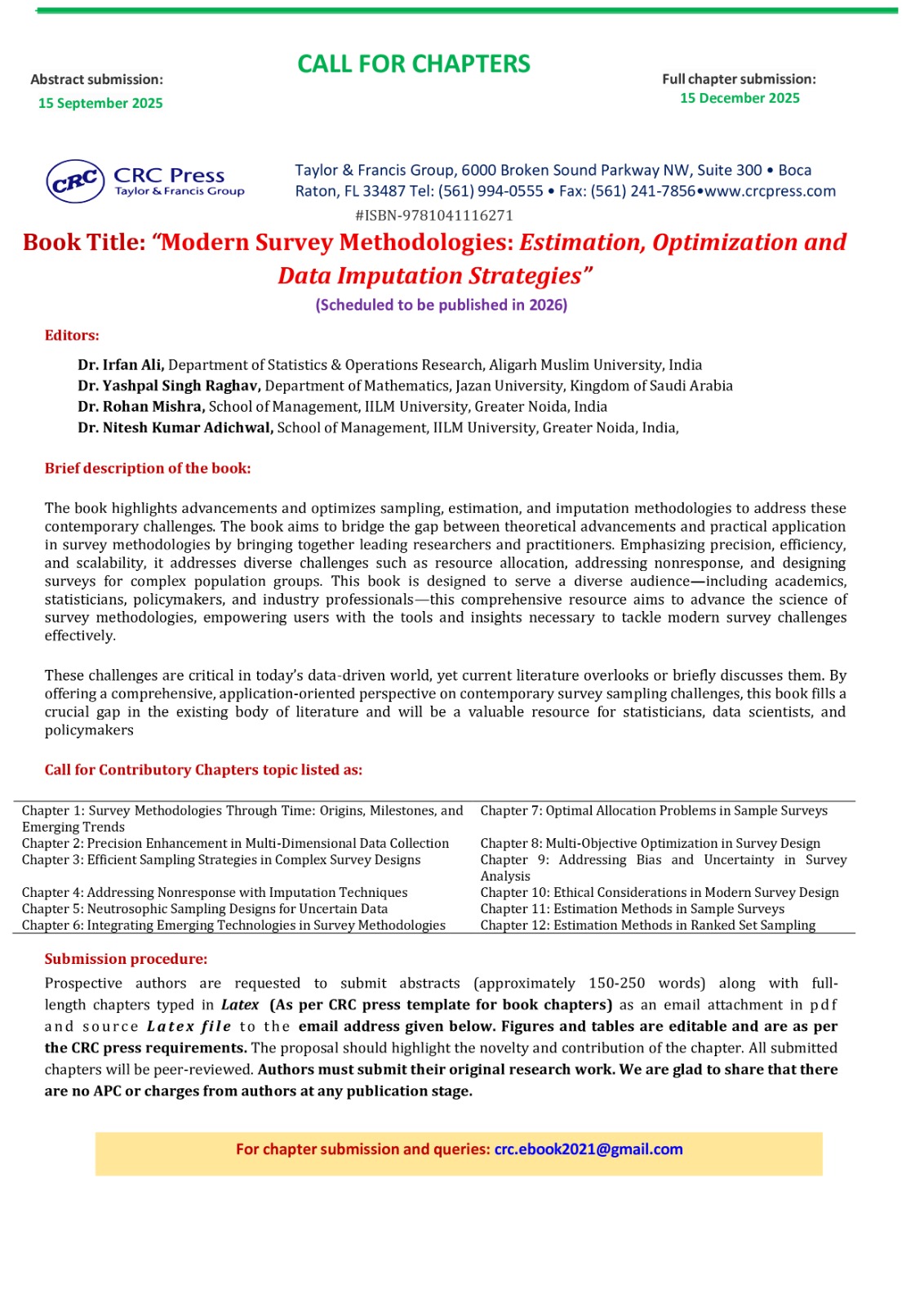 Call for Book Chapters: Taylor & Francis | Title: Modern Survey Methodologies: Estimation, Optimization & Data Imputation Strategies