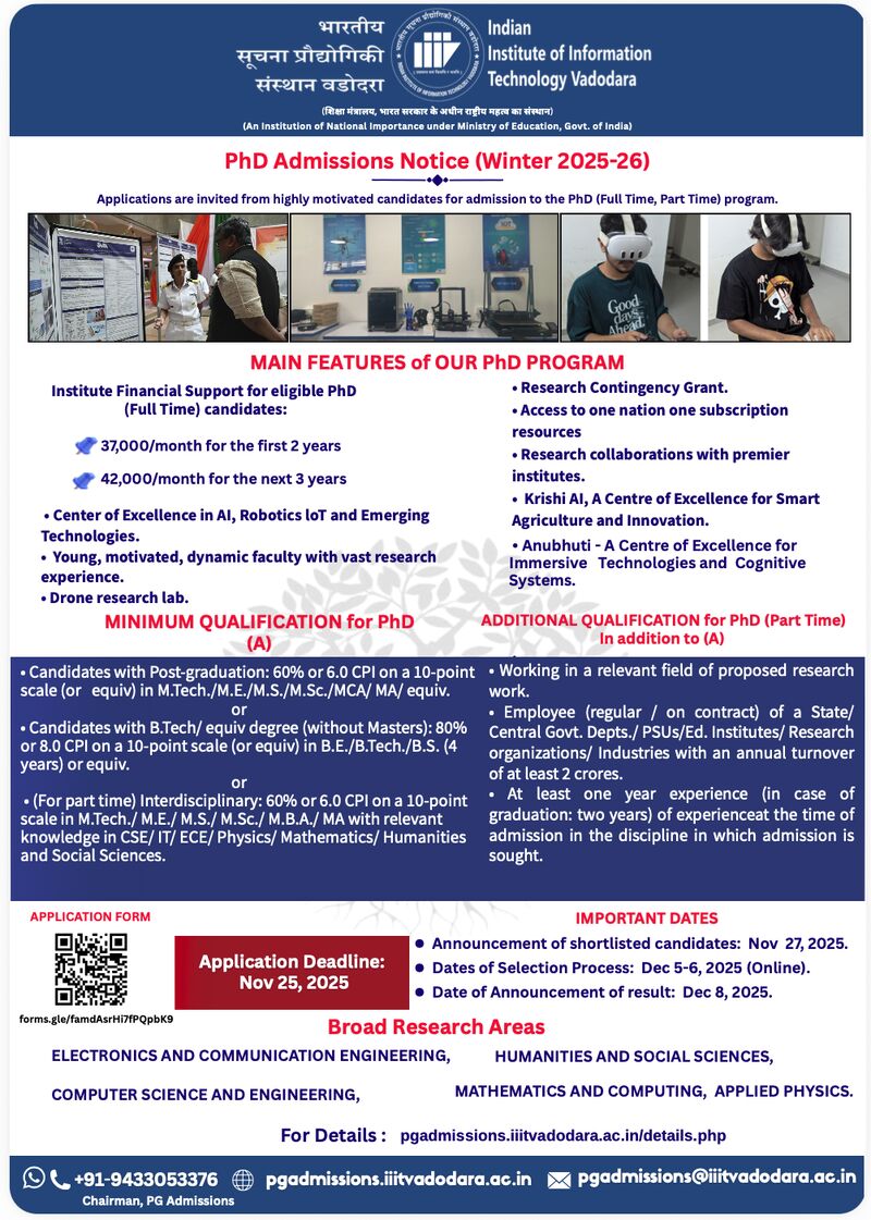 IIIT Vadodara PhD Admissions (Winter 2025–26)