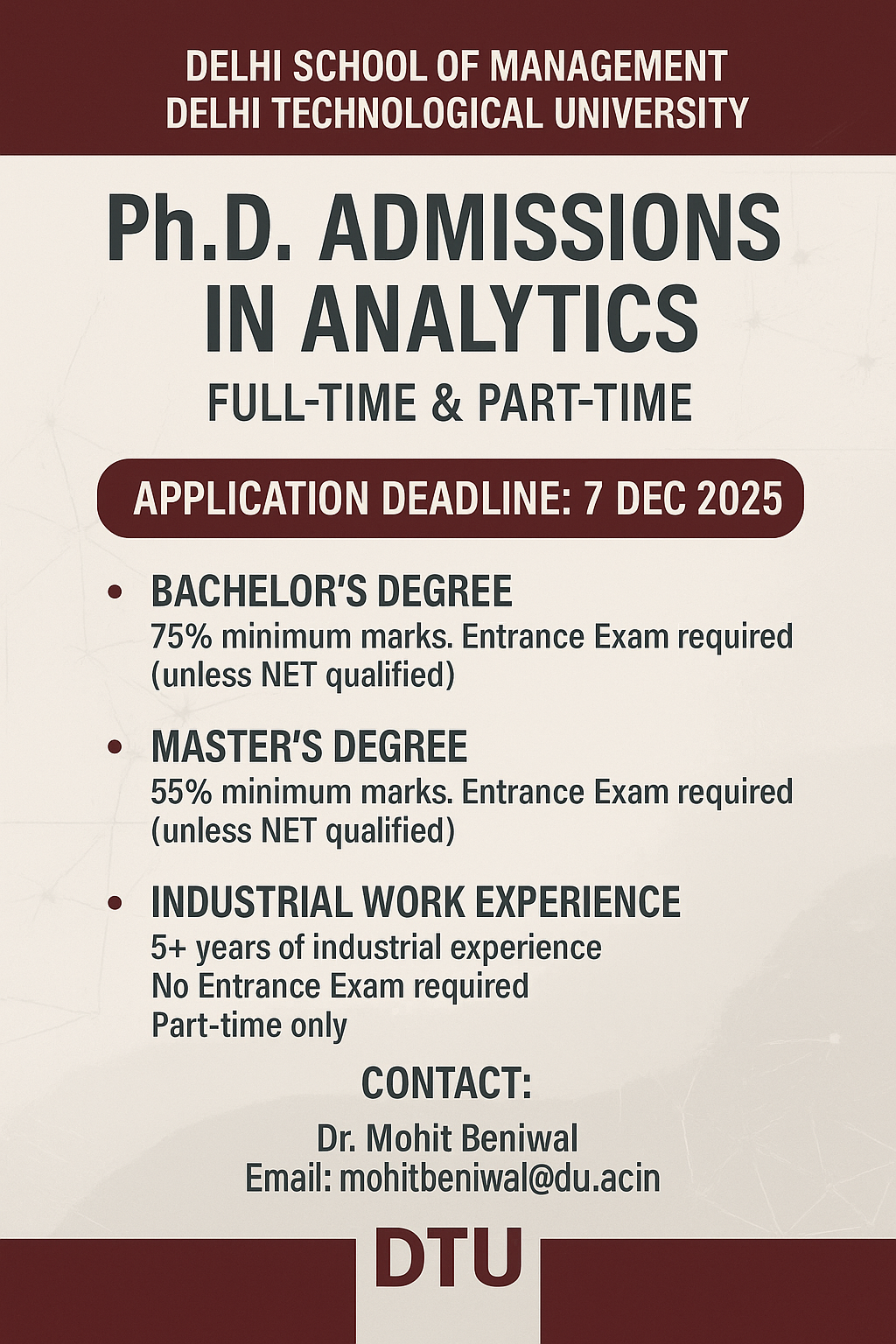 Ph.D. Admission in Analytics in DSM, DTU