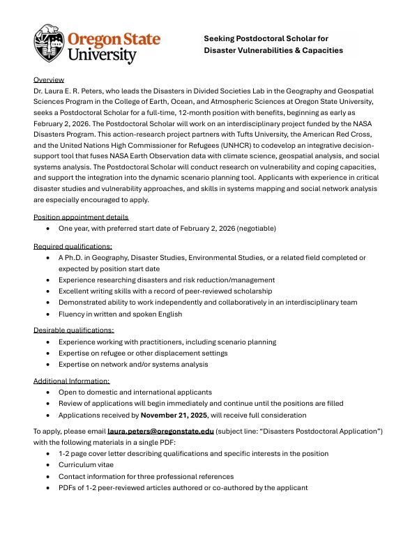 Postdoctoral Scholar Opportunity in Disaster Vulnerabilities and Capacities – Oregon State University