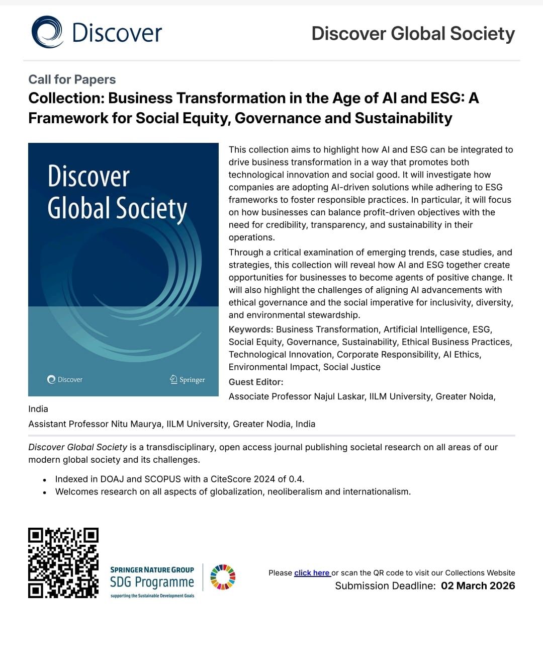 Call for Paper - Discover Global Society (Springer Nature) | Business Transformation in the Age of AI and ESG: A Framework for Social Equity, Governance and Sustainability