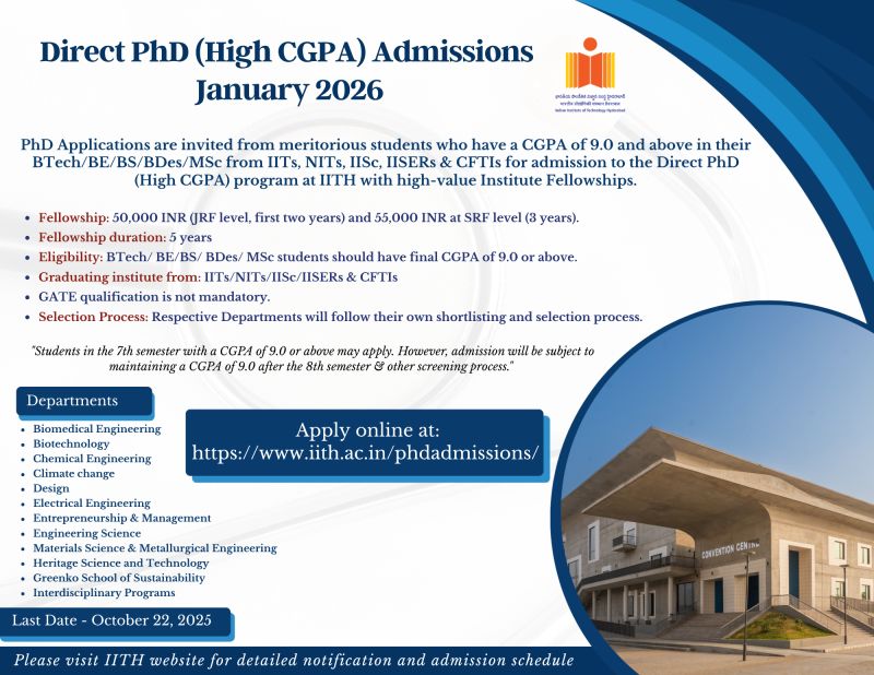 Direct PhD (High CGPA) Admissions – January 2026 | IIT Hyderabad