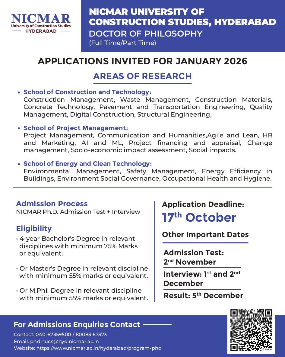 PhD Admissions 2025 – NICMAR University of Construction Studies, Hyderabad