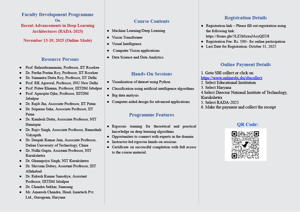 Programme on Recent Advancements in Deep Learning Architectures (RADA-2025)