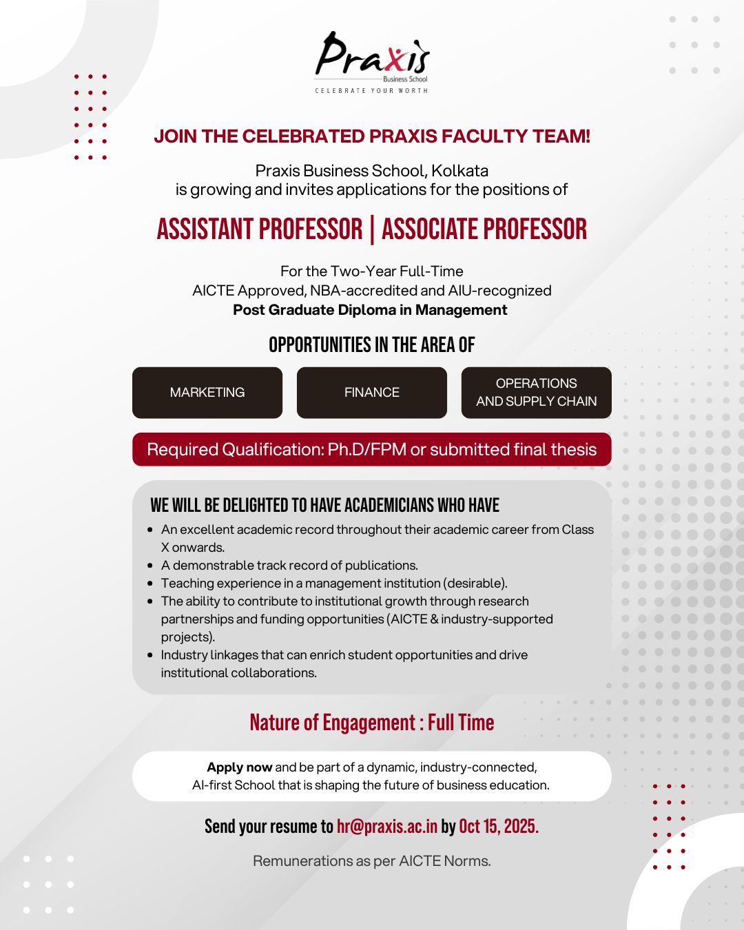 Faculty Recruitment - Assistant Professor/Associate Professor - Praxis Business School,