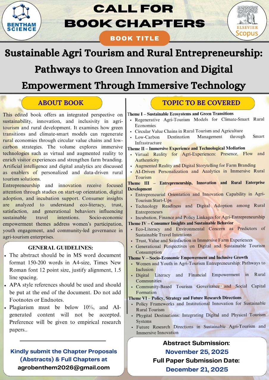 Call for Book Chapters - Sustainable Agri Tourism and Rural Entrepreneurship