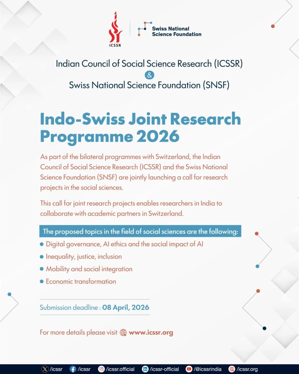 Call for Proposals 2026: Indo-Swiss Joint Research Programme (ISJRP)