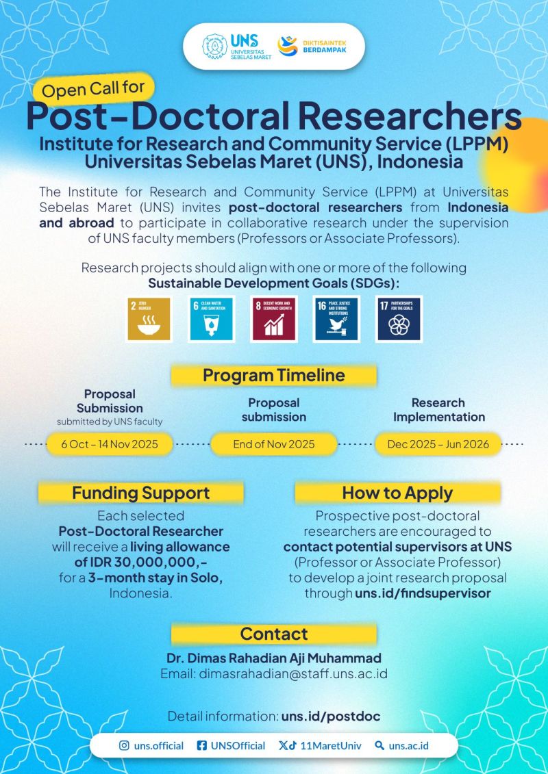 Open Call for Post-Doctoral Researchers at Universitas Sebelas Maret (UNS), Indonesia