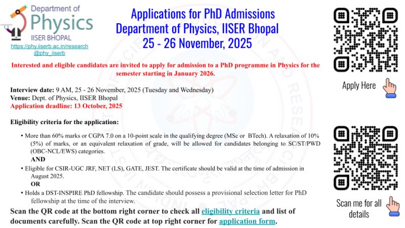 PhD Admissions Open – Department of Physics, IISER Bhopal