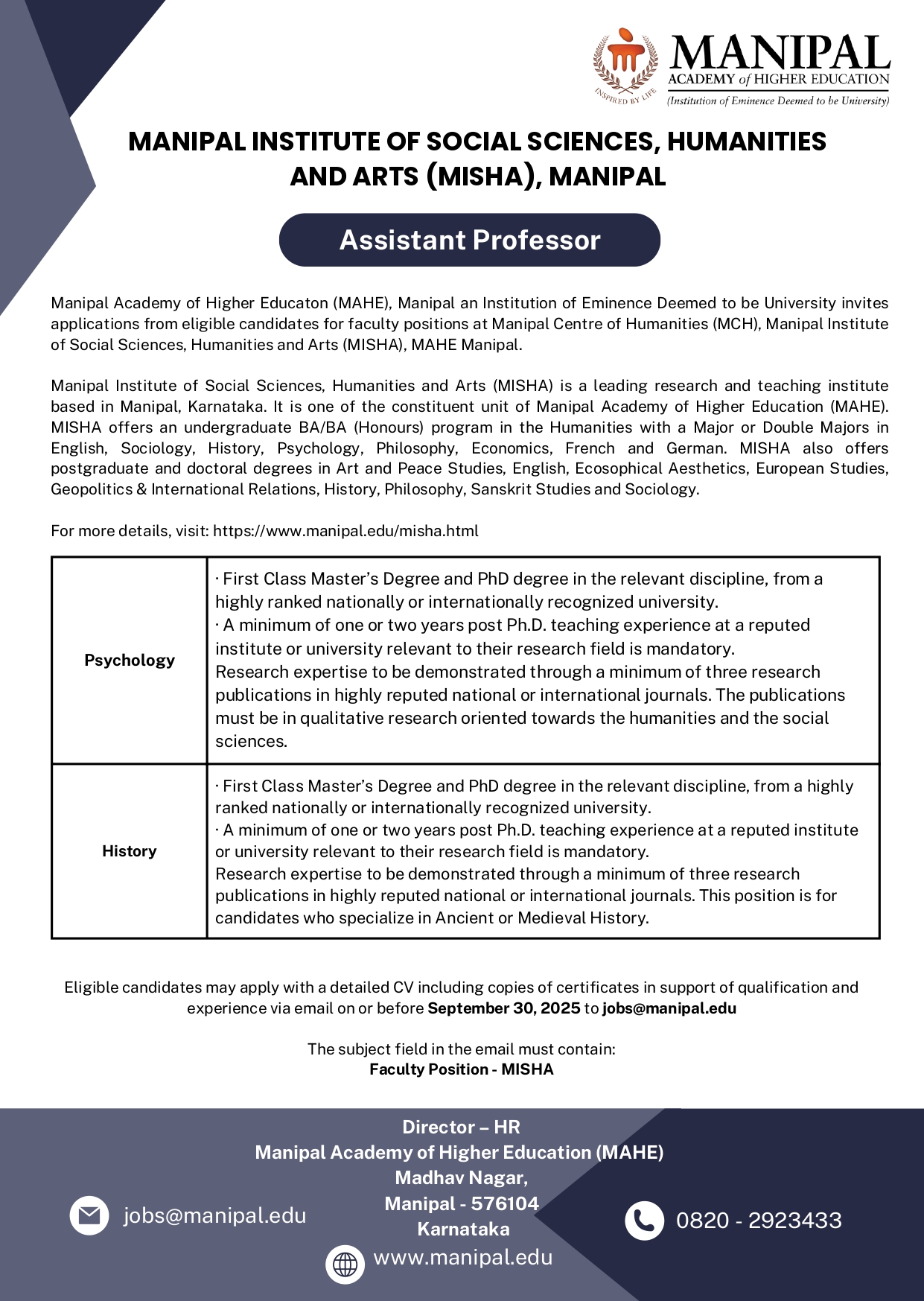 Faculty Recruitment – Assistant Professors at MAHE Manipal