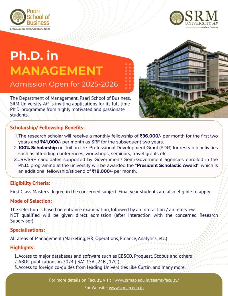 Ph.D. in Management Admissions Open at SRM University-AP (2025–2026)
