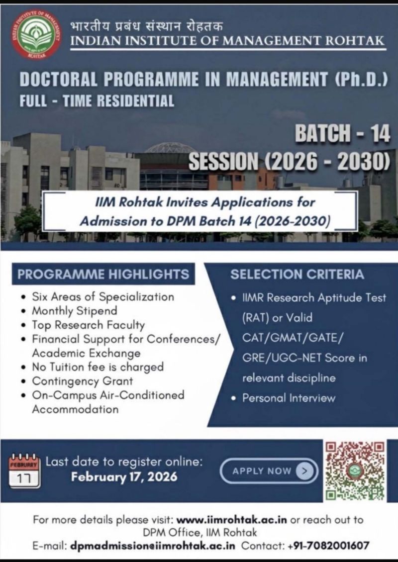 Admissions Open: IIM Rohtak Doctoral Programme in Management (Ph.D.) – Batch 14 (2026–2030)