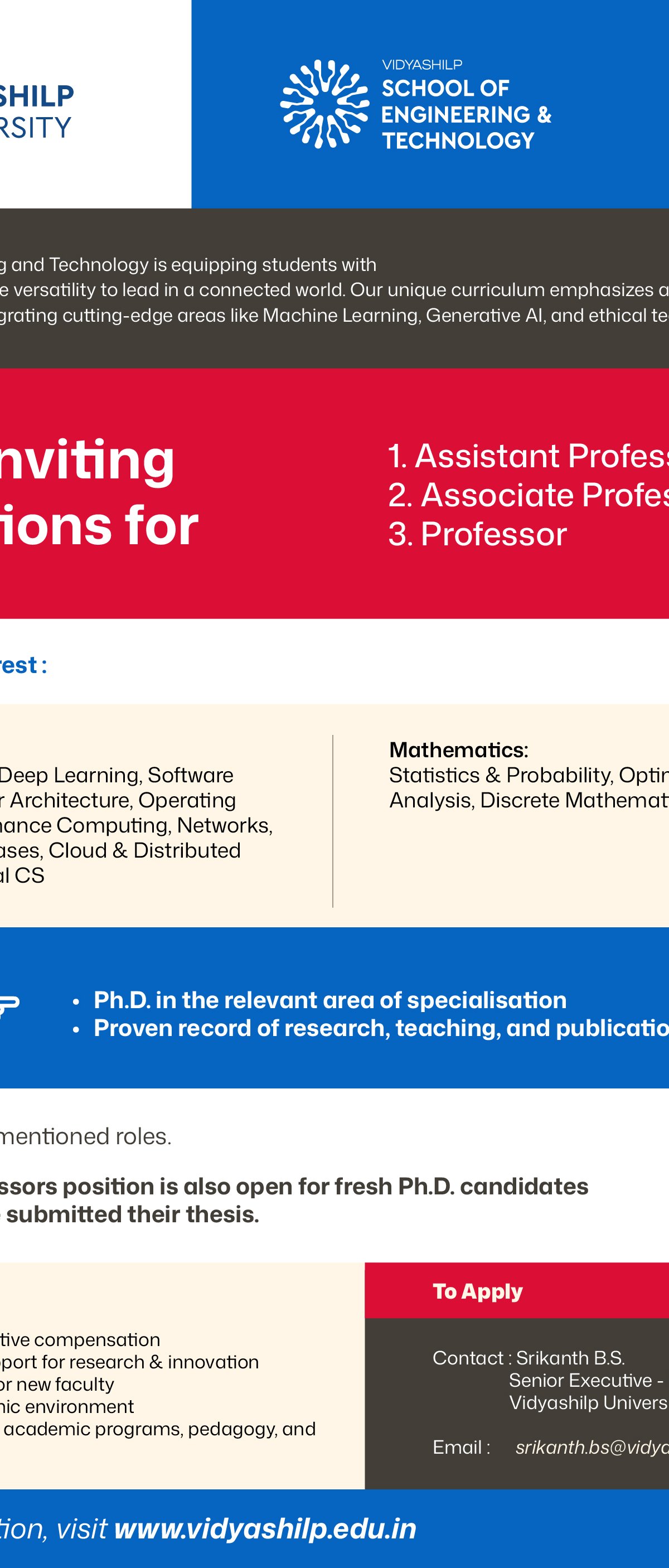 Join the Faculty at the School of Engineering & Technology, Vidyashilp University, Bengaluru