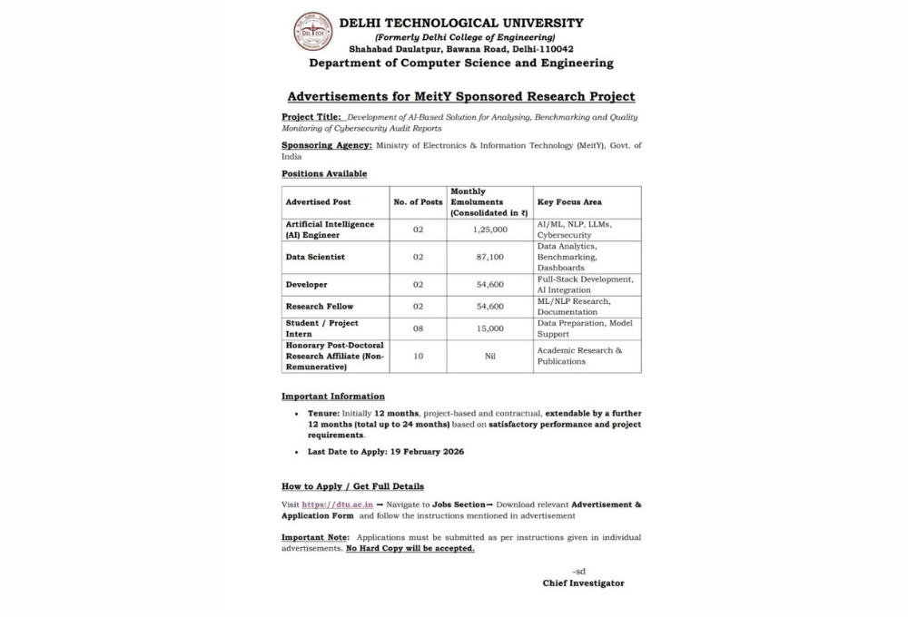MeitY Sponsored Research Project Recruitment 2026 | Delhi Technological University (DTU)
