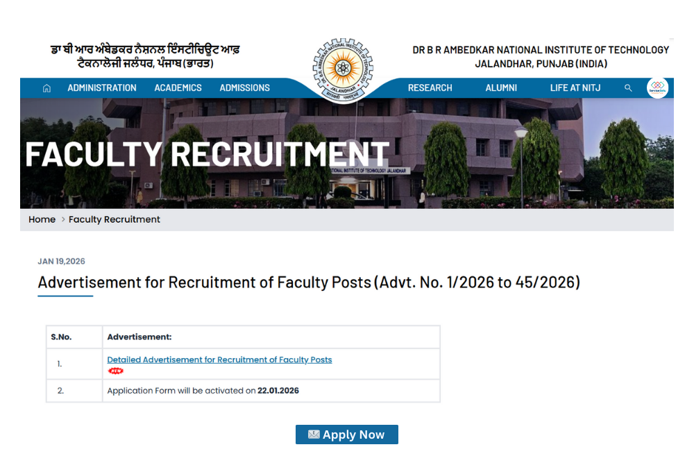 Faculty Recruitment 2026 at NIT Jalandhar